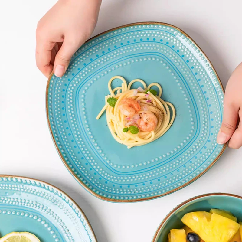 Uhome Large Size Relief Bead Western Dining Plate Pasta Plate Steak Plate Ceramic Dish Underglaze Color Irregular Pattern