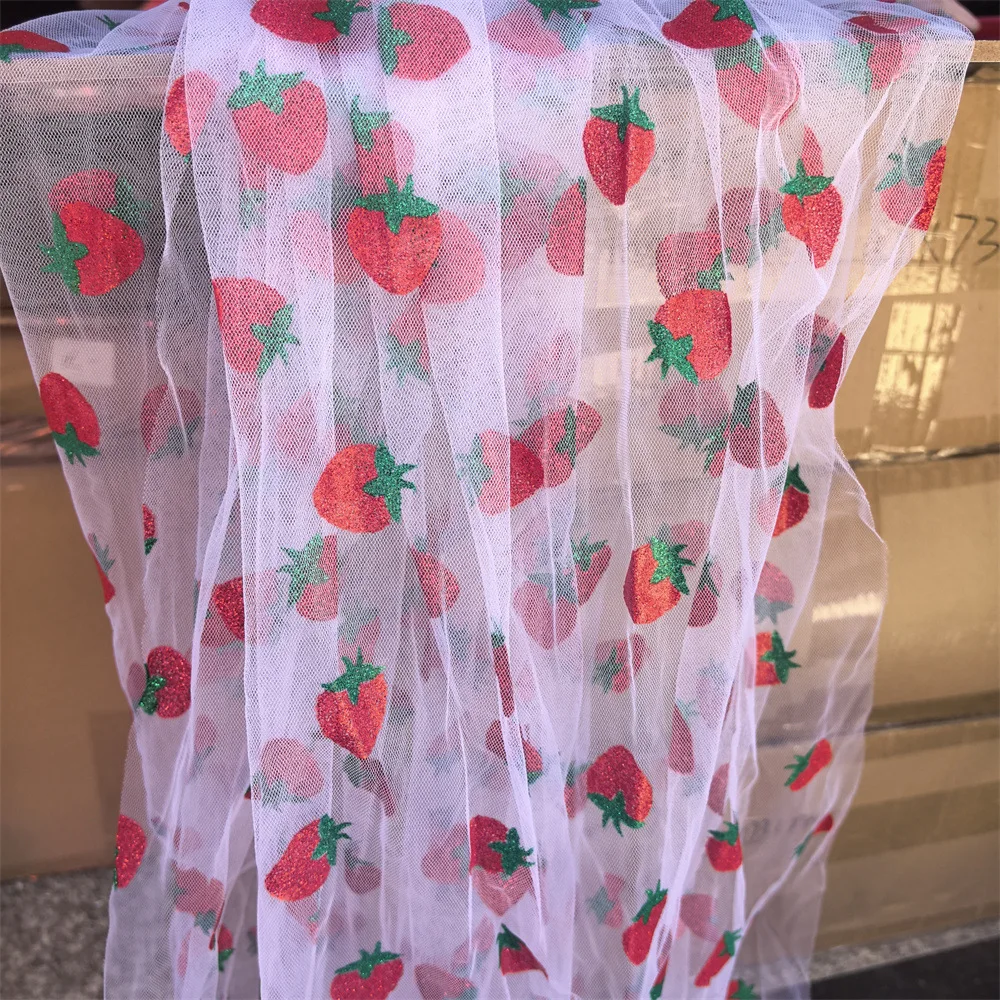 Glitter Strawberry Print Sheer Tulle Mesh Fabric for Princess Dress Hair Accessories, Wedding Table Runner & Stage Party Decor