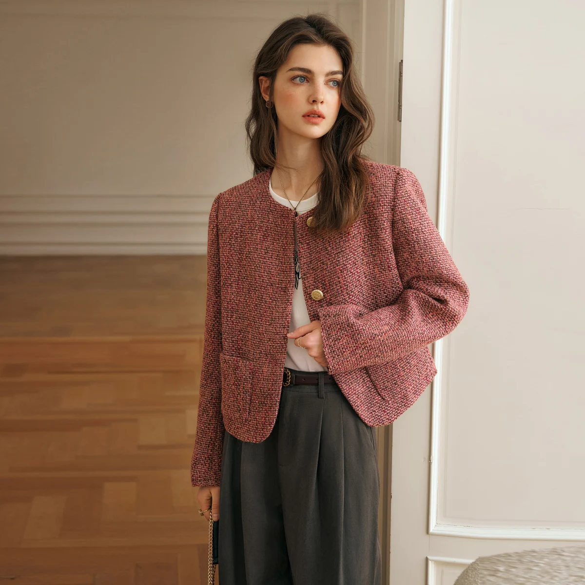 OLrain Women Tweed Short Jacket Luxury Loose Wool 2026 Fall Elegant Full Sleeve Patchwork Jackets Ladies Soft Coat O57QW95860 view 2