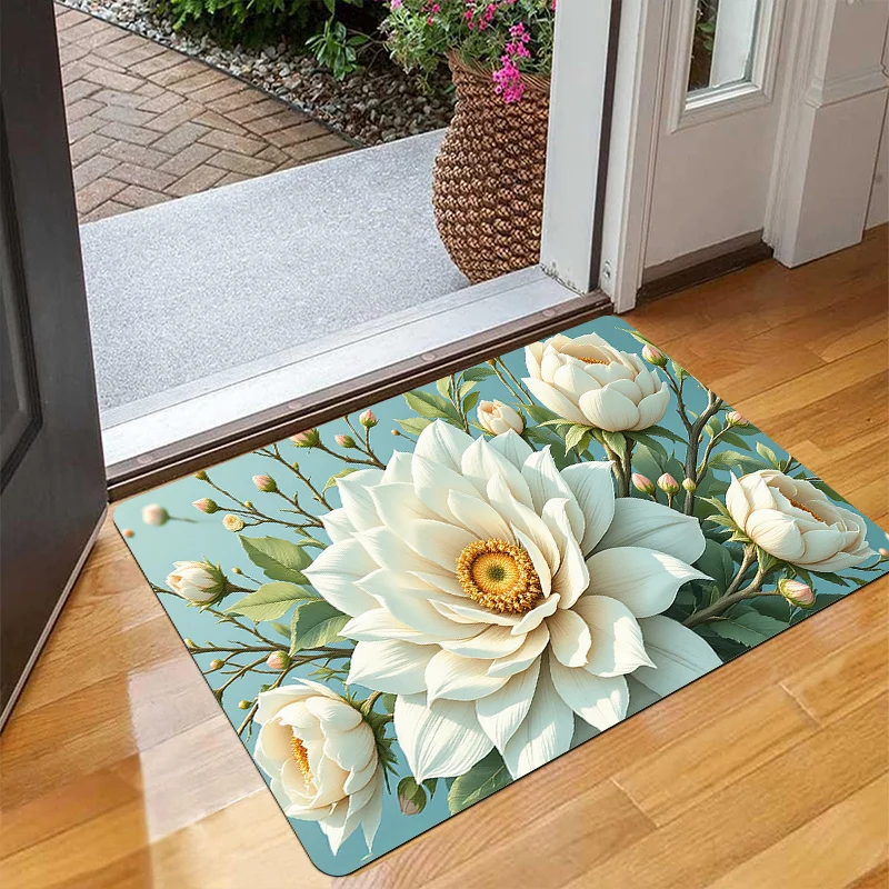 Halloween Pumpkin Spiderweb Doormat Black Floral Print Non Slip Entry Rug For Front Porch And Spooky Seasonal Decor