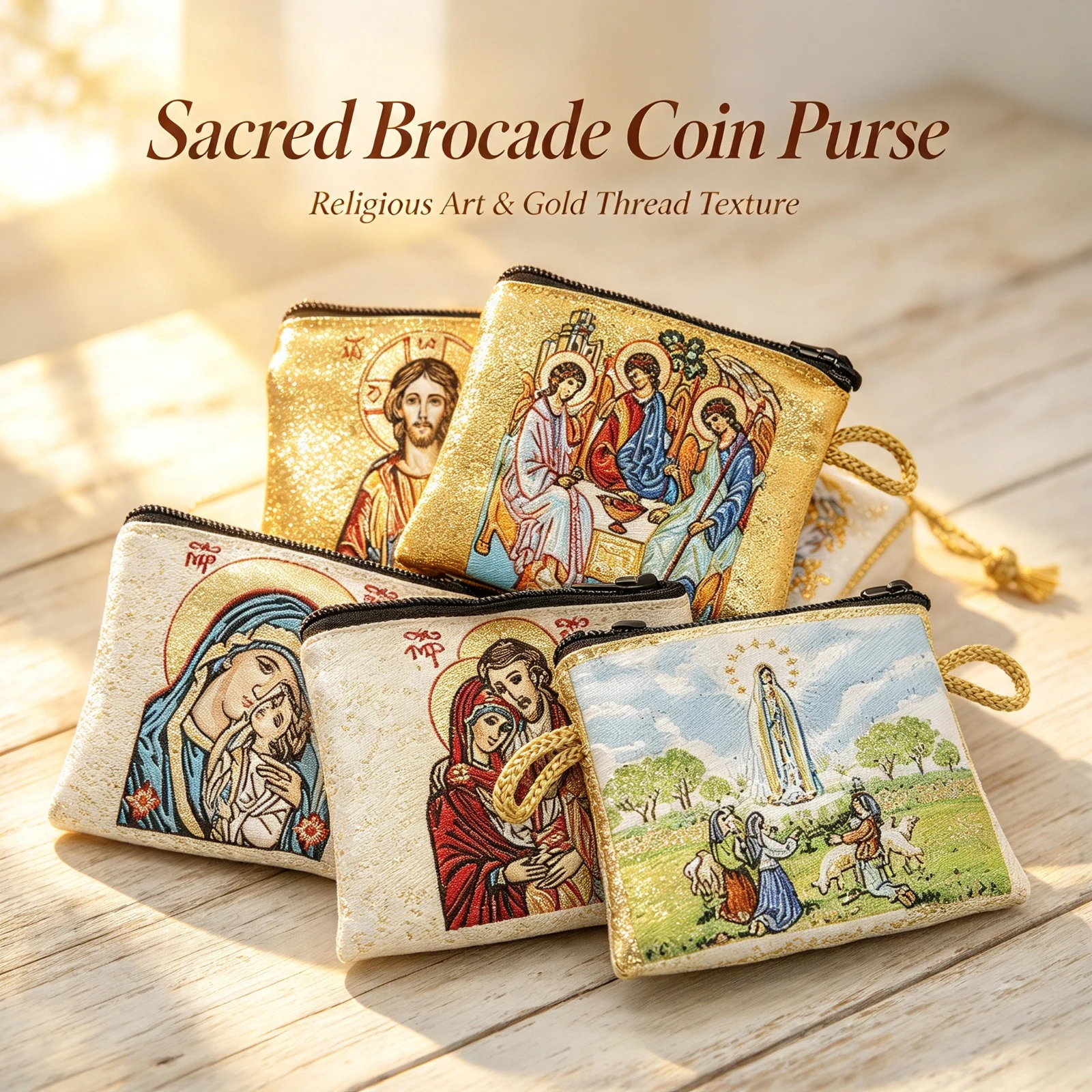 Gold Fabric Rosary Pouch Religious, Catholic Zipper Coin Purse Bible, Verse Icon Saint Mary Jesus, Christian Gift Accessories