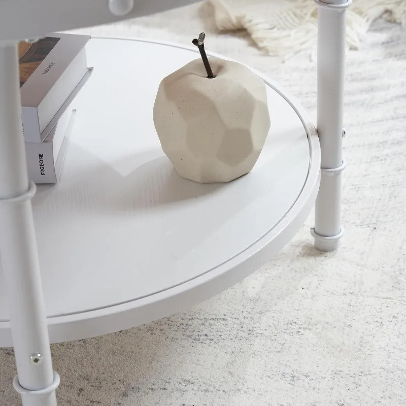 Mesa de centro de granja redonda blanca natural de 25,6 pulgadas, mesa decorativa circular central de madera de almacenamiento de 2 niveles para sala de estar