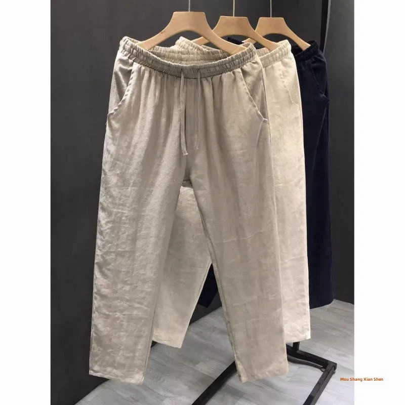 High-End Linen Casual Pants Men's Tang Costume Summer Wind Loose Thin Straight Cotton Linen Long Pants Breathable Casual Trou...