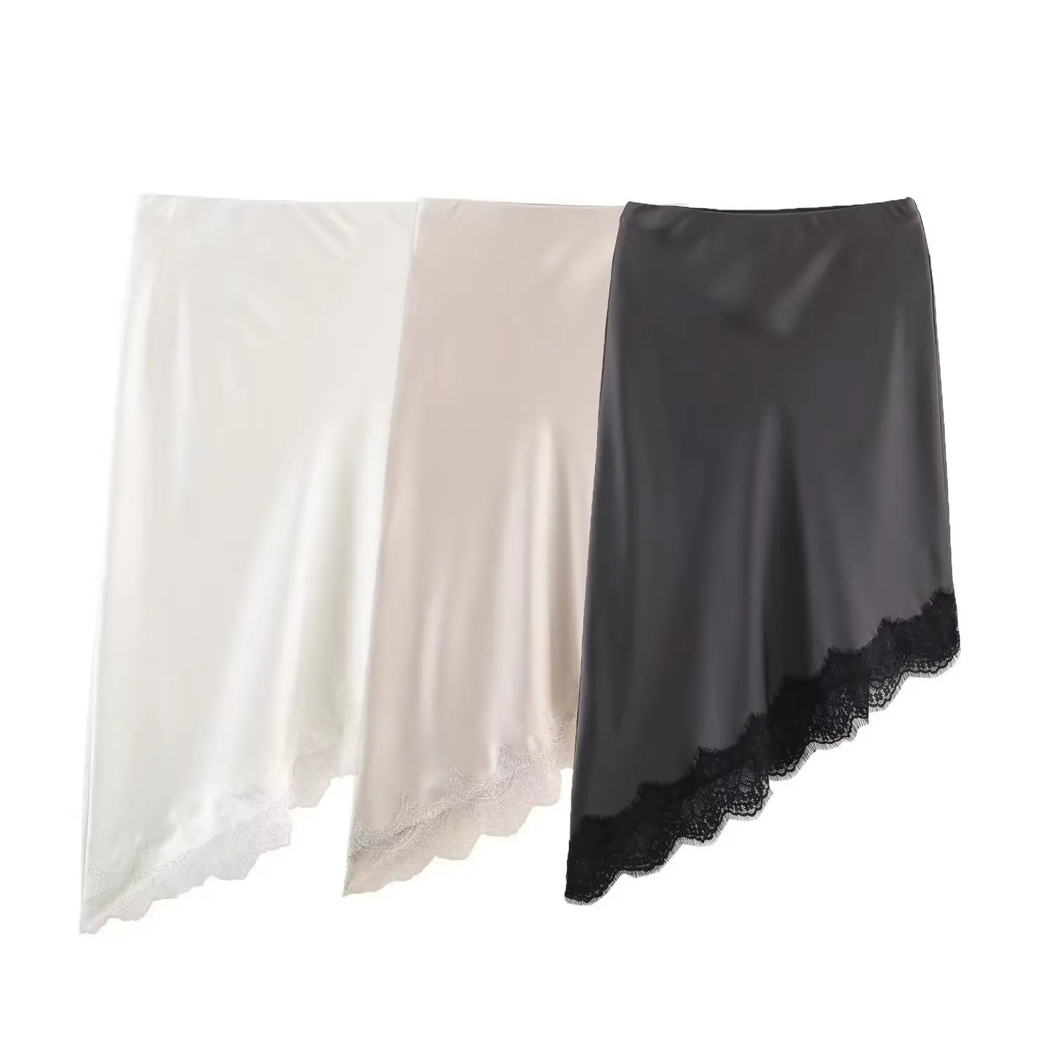 BSAY Women Fashion Asymmetry Hem Lace Satin Texture Skirt  Solid Chic Female High Waist Elegant MIDI Skirts Mujer