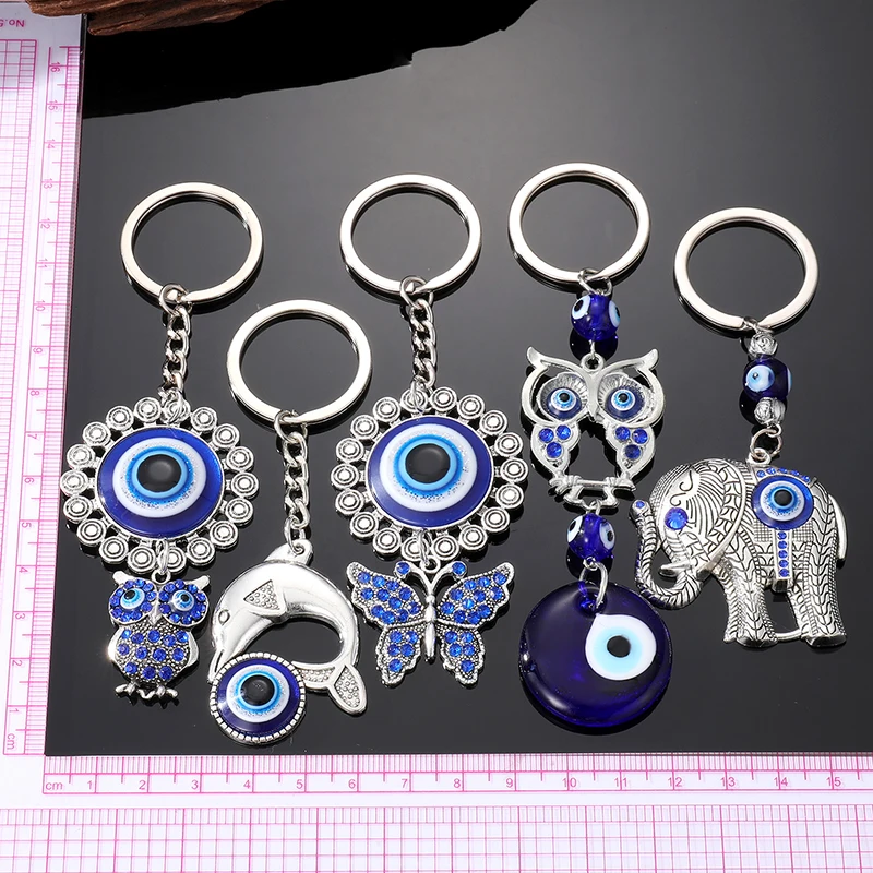 Retro Turkey Eye Elephant Owl Animal Pendant Keychain Keyring Women Men Blue Evil Eye Whale Butterfly Bag Car Phone Key Jewelry