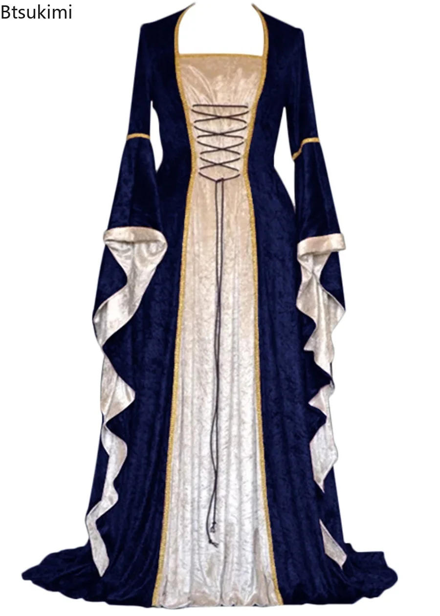Women's Renaissance Medieval Retro Court Costume Dress Lace up Over Long Dresses Halloween Cosplay Costumes Retro Elegant Gown