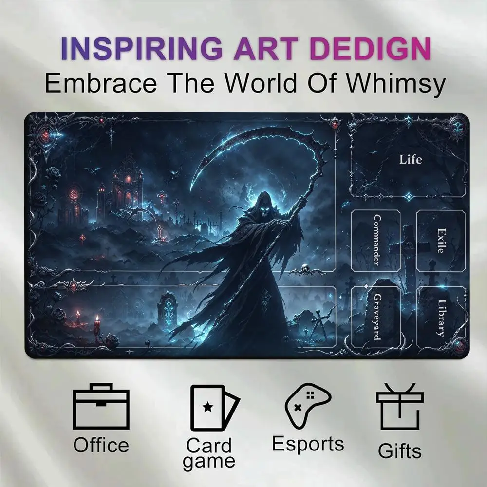 Grim Reaper TCG Playmat, Gothic Moonlit Graveyard 60X35cm  Non-Slip Rubber Base Stitched Edge Table Mat for Card Game Desk pad