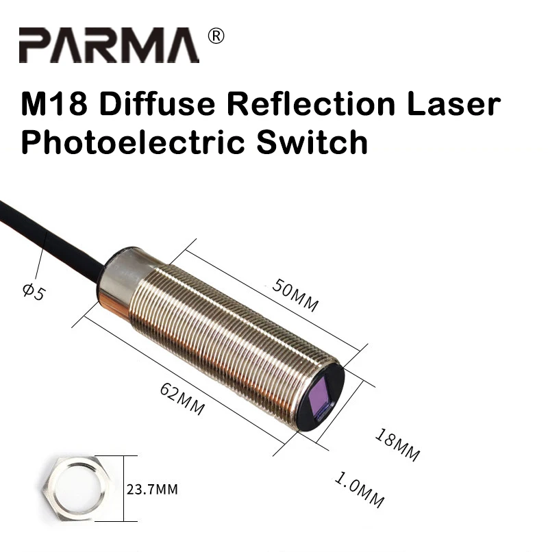 Capteur laser à réflexion diffuse de taille micro M18, avec distance optique réglable, détection infrarouge et détection de lumière visible