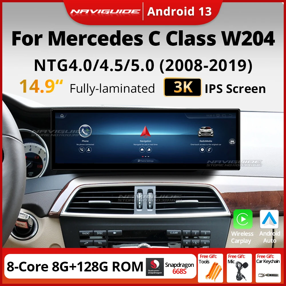 NAVIGUIDE 14.9'' Android 13 Car Radio For Mercedes C Class W204 W205 2007-2018 WiFi 4G Carplay Stereo Multimedia GPS Player GT