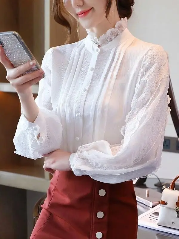 

Elegant White Women Chiffon Shirt Long Sleeve Autumn New French Style Cleanfit Waist Cinched Short Sleeve Polypropylene Material