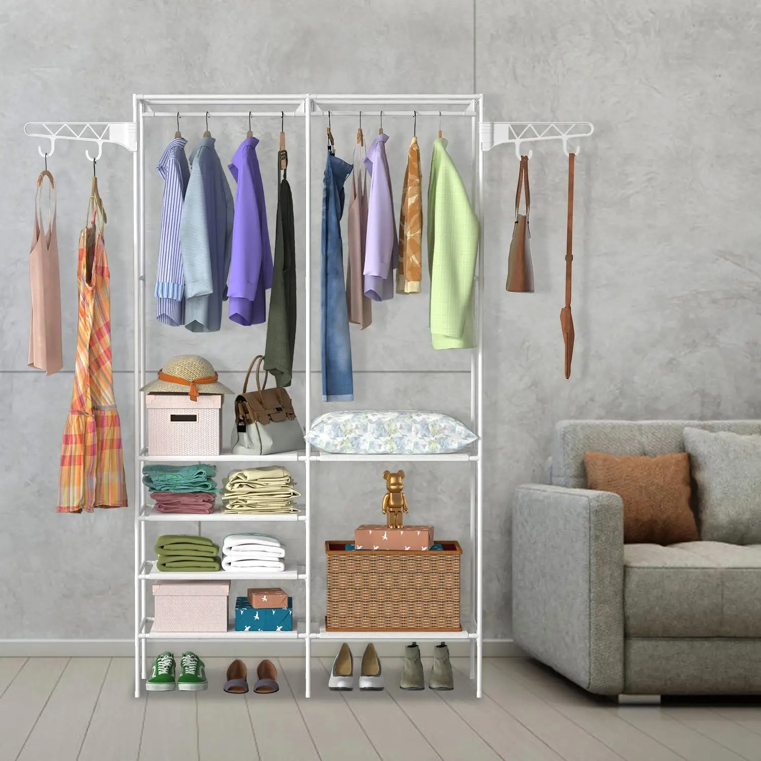 66.1x42.1x14.2in 4-Layer Closet Organizer Rack, 33lbs Hanging Rod & 11lbs Fabric Shelf Capacity - No Weekend Shipping