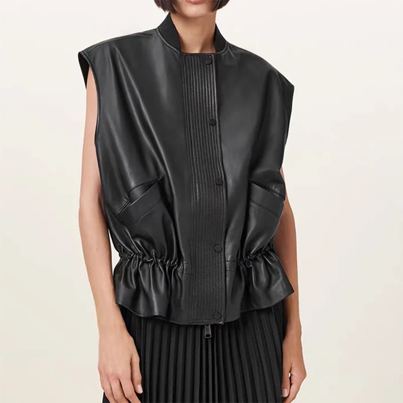 

Women Leather Clothing Sheepskin Wide Collar Waist Vest