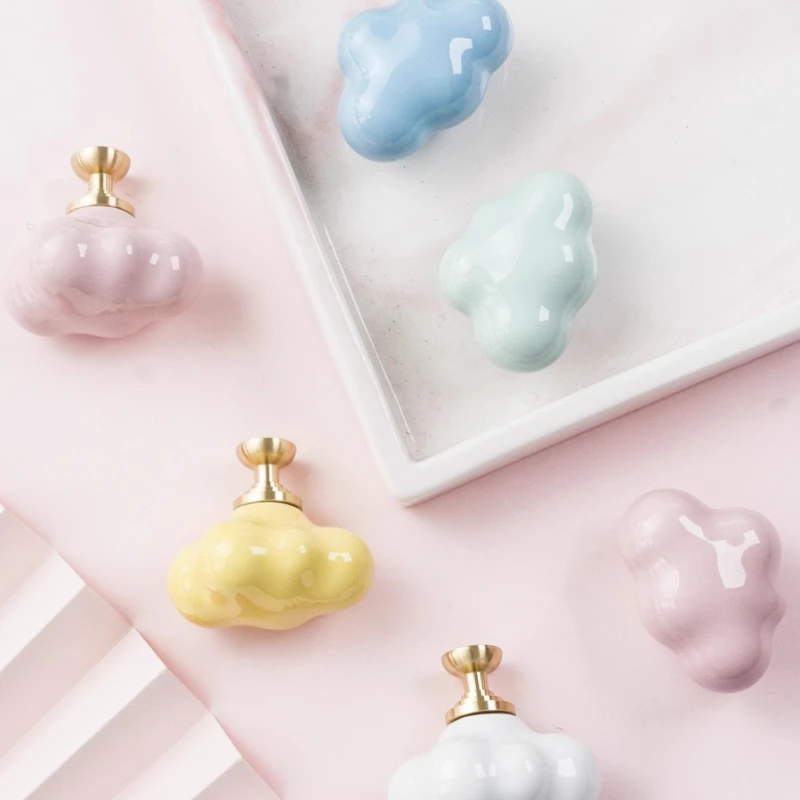 

Pure Brass Matte Handles Nordic Children's Room Ceramic Wardrobe Drawer Furniture Cute Cloud Cabinet Door Handle Knobs