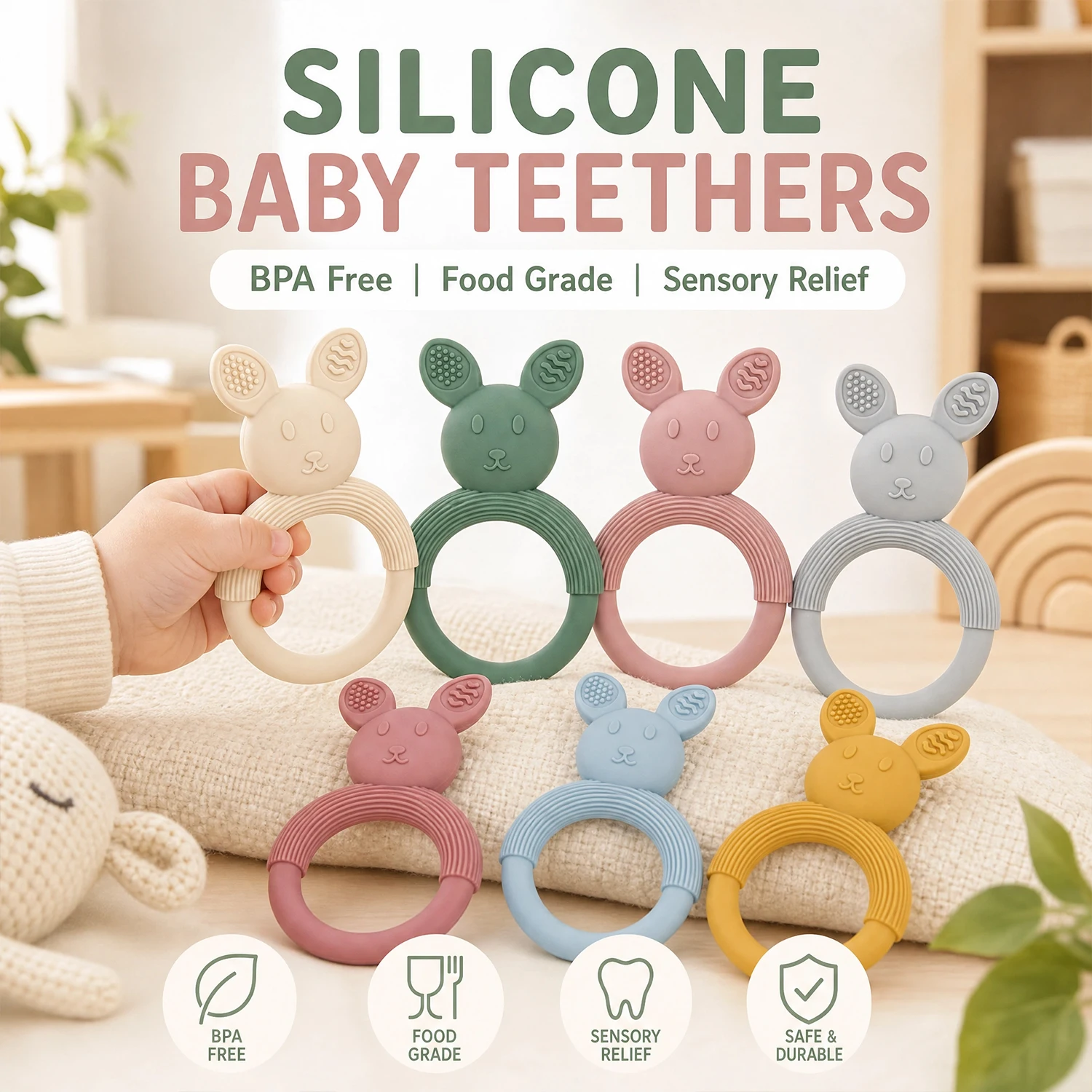Baby-Beißring aus Silikon, das perfekte Geschenk für Babys, leicht zu greifen, weiches einteiliges Zahnen-Kaninchen-Spielzeug, BPA-frei.