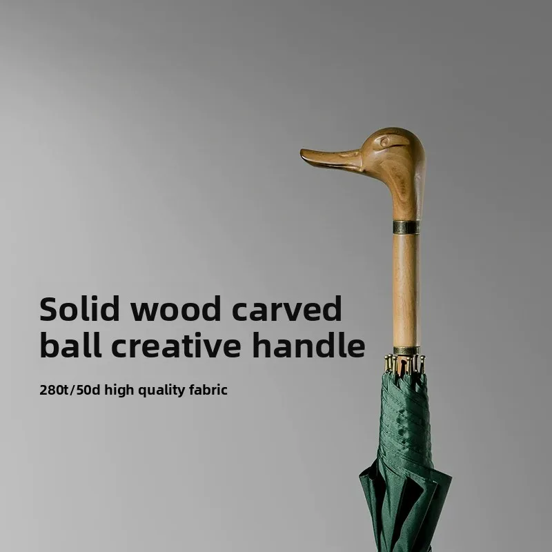 Vintage Duck Head Handle Umbrella Premium Solid Wood Long Handle Rain Parasol High End Fashionable Walking Cane Umbrella for Men