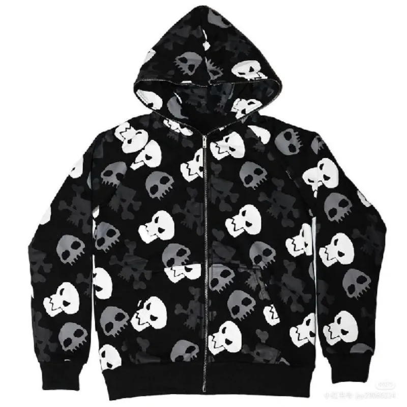 Subculture Punk Streetwear Autumn Winter Skull Print Hoodie with Hooded Woman Casual Zipper Coat Black Rock Cool Sweatshirts