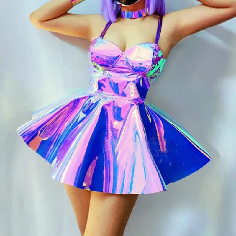 

Purple Laser Short Dress Headgear Anime Cosplay Costume Women Bar Nightclub Gogo Sexy Stage Wear Halloween Party Festival Outfit