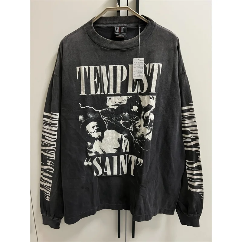 

Winter New Saint T Shirt Character Crackle Print Vintage Wash To Make Old Hoodless Round Neck Long Sleeve T-shirt Hoodie