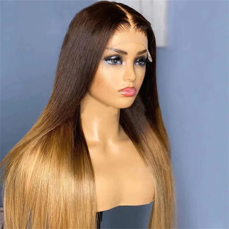 شعر مستعار ناعم بدون صمغ أومبير أشقر طويل مستقيم 180 كثافة 26 بوصة شعر مستعار أمامي من الدانتيل العميق للنساء مع شعر أطفال مقطوف مسبقًا يوميًا