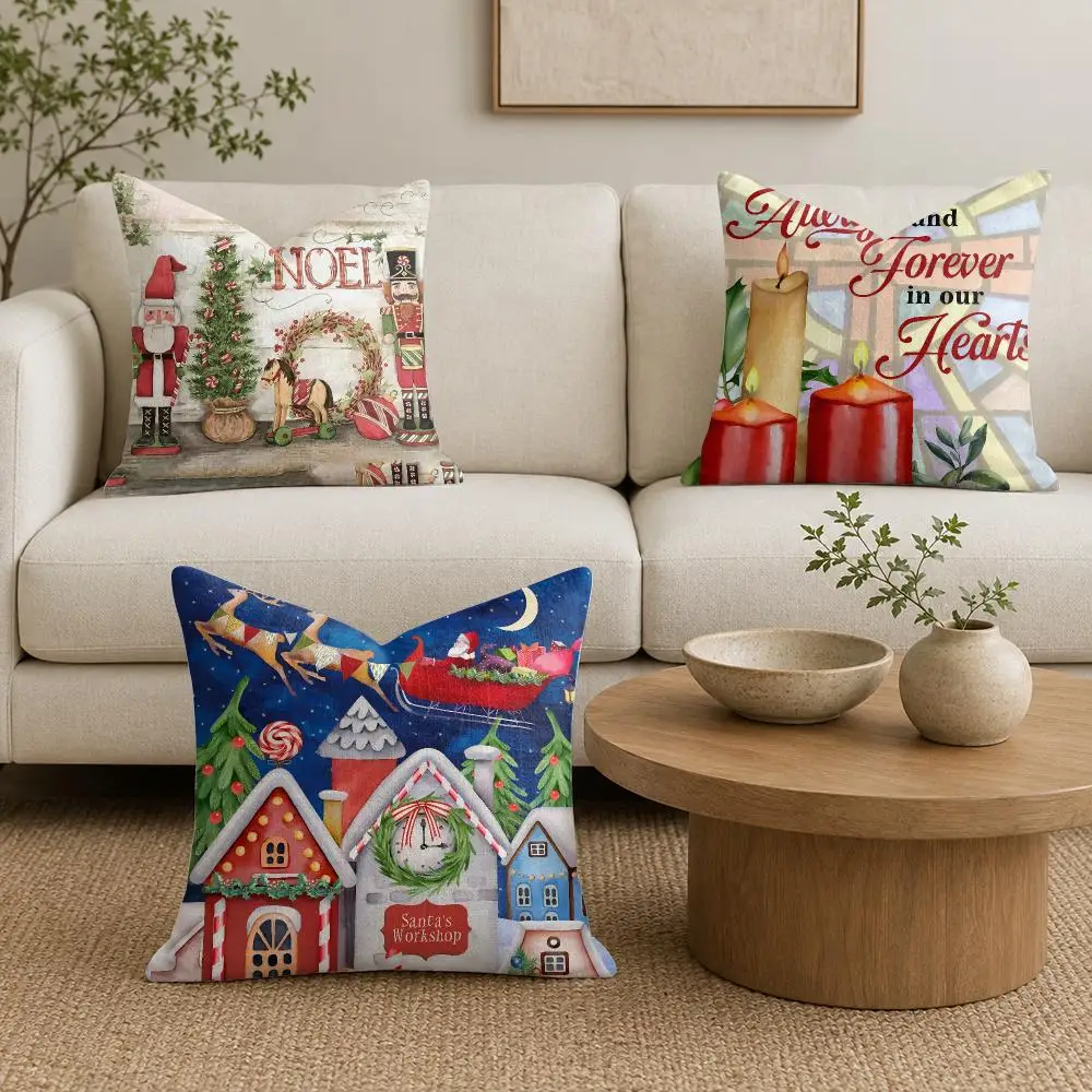 Christmas Red Candle Cushion Cover Natural Linen Organic Fabric Double-Sided Printing Sofa Home Decor Gift Pillow Cover