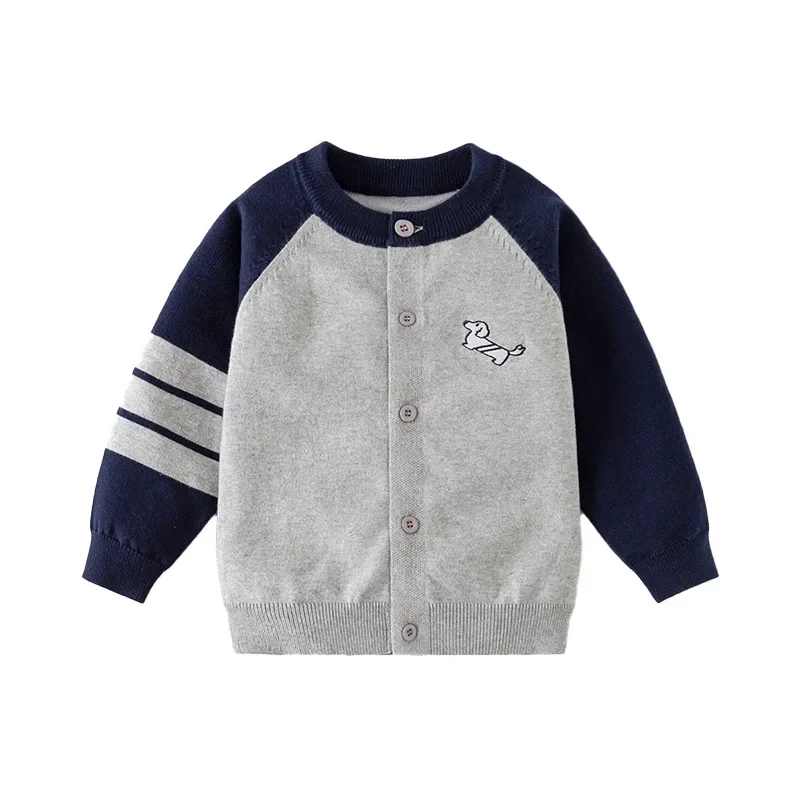 جديد 2025 ربيع الخريف الفتيان المرقعة اللون الكرتون سترة سترة موضة واحدة الصدر محبوك البلوزات الطفل بالأزرار