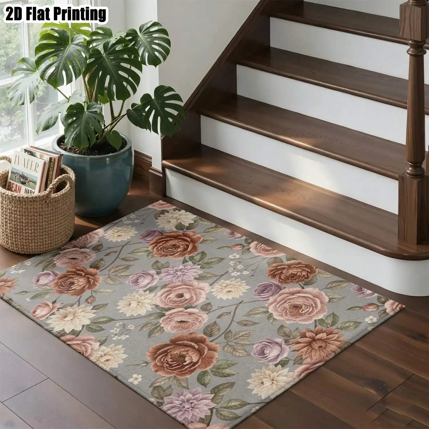 1Pc 2D Printed Retro Morandi Floral Carpet, Suitable for Instagram/European Decor, Home Use, Multiple Sizes, Machine Washable, Multi-Scene Mat