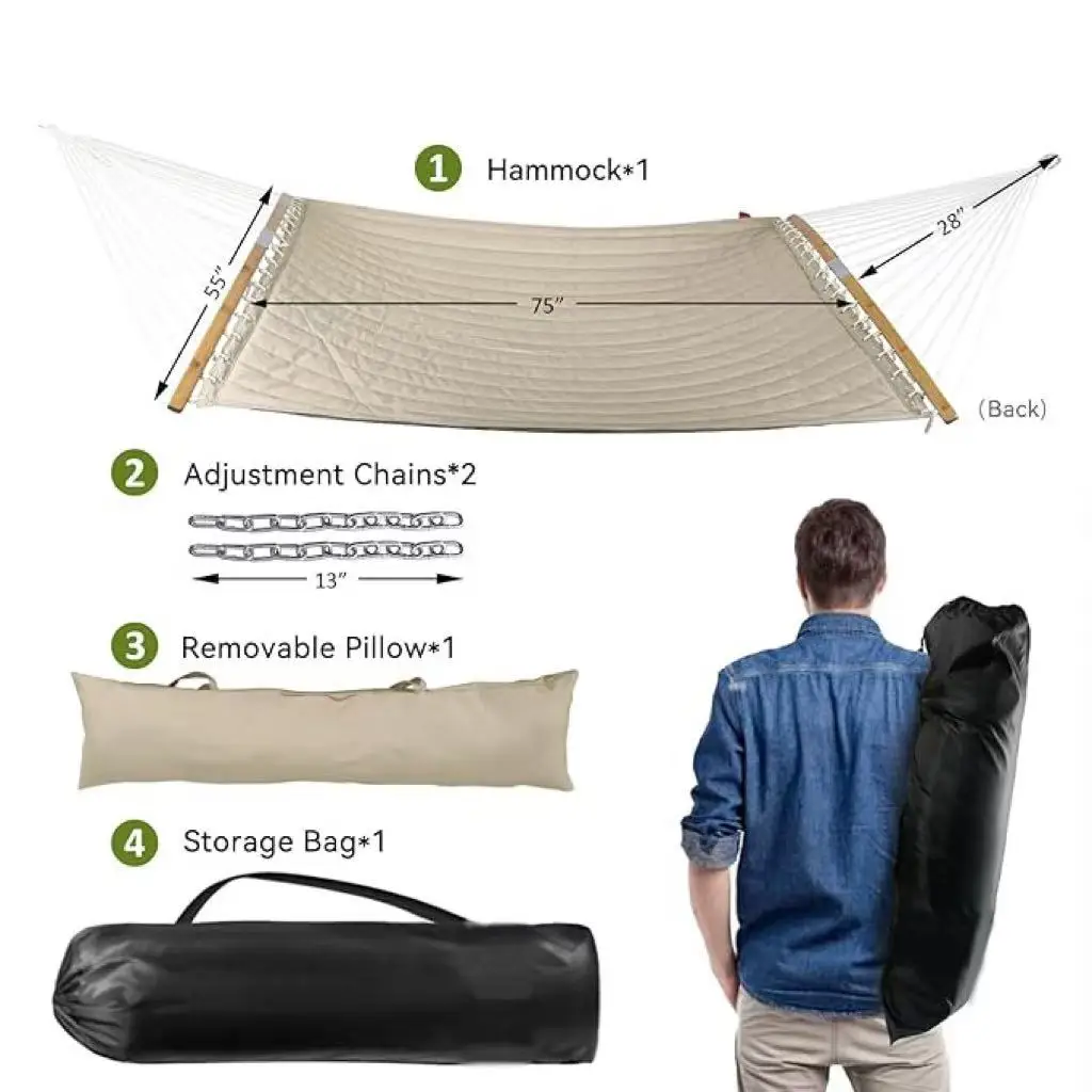 Heavy Duty Quilted Hammock With Stand-Portable Outdoor Indoor Garden Patio Lounge Bed With Pillow