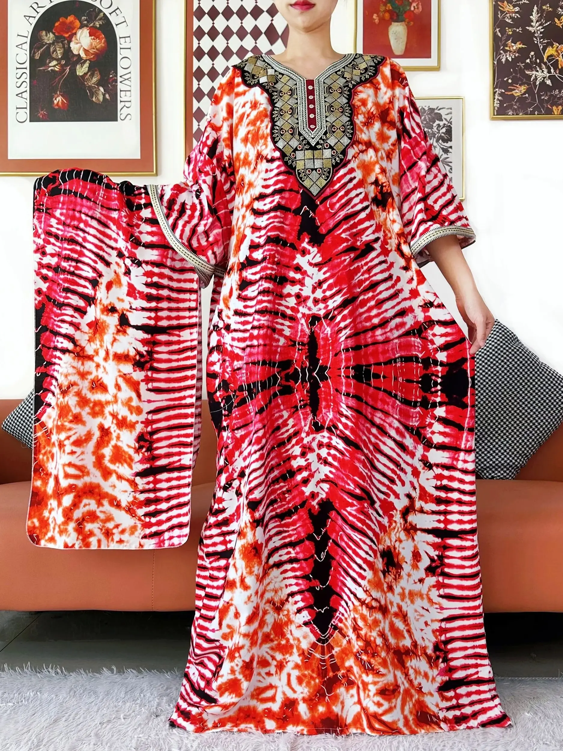 Abito musulmano dal design di alta qualità Abito musulmano con collo ricamato in cotone da donna Abaya allentato Boho Maxi abito casual Abiti africani