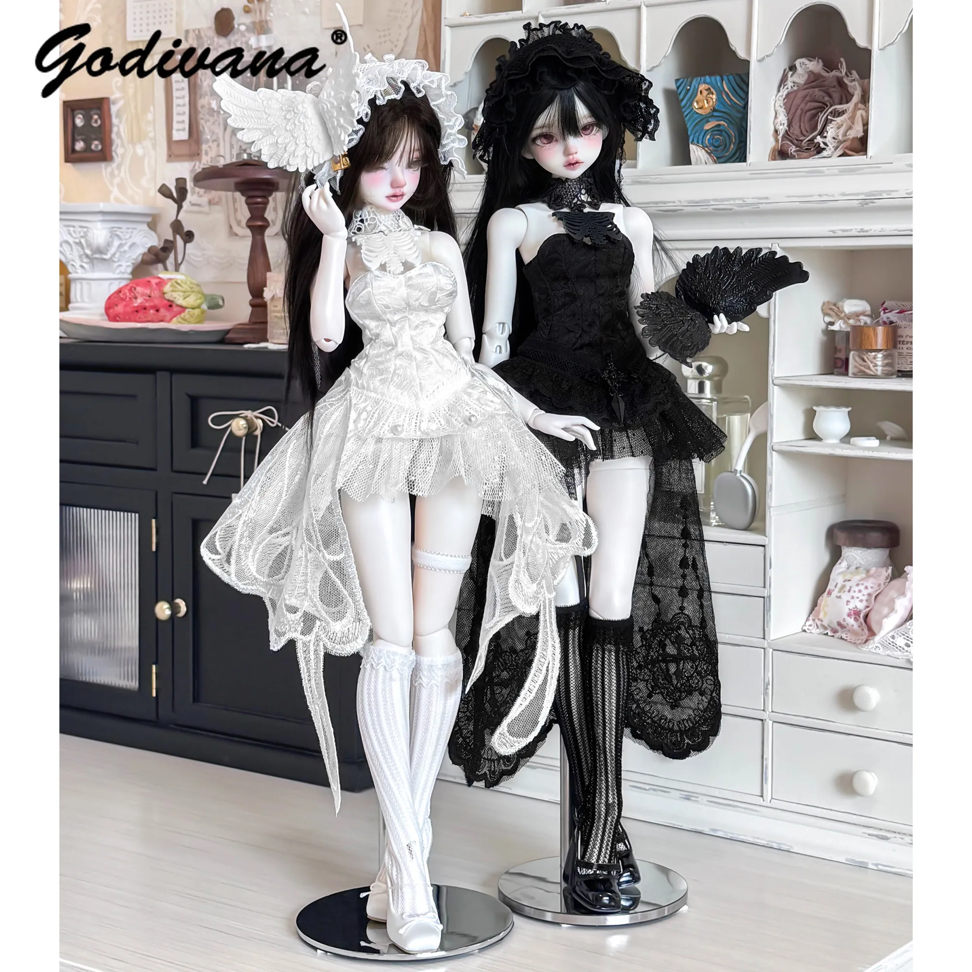 Gothic Angel Style 1/4 BJD Doll Outfit Black and White Irregular Hem Lace Tulle Tail Sleeveless Tubo Dress with Head Ornaments