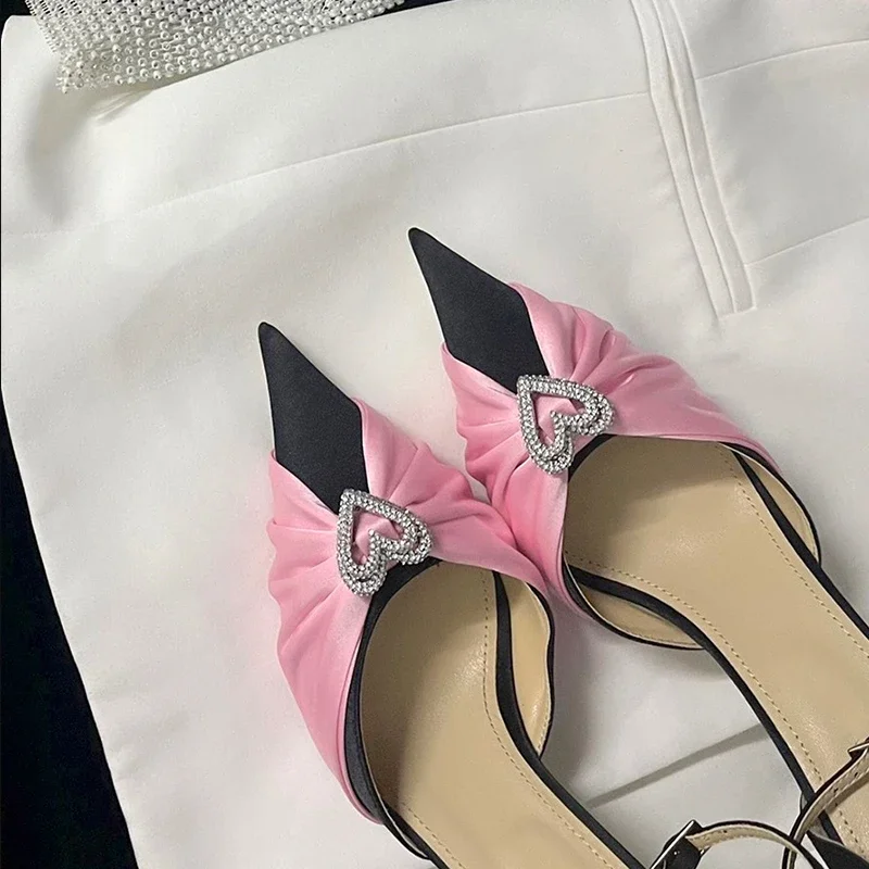 

Heart Rhinestone Bowknot Stiletto French Sandals Woman Summer 2025 Pointed Toe Hollow Closed Buckles High Heel Shoes for Women
