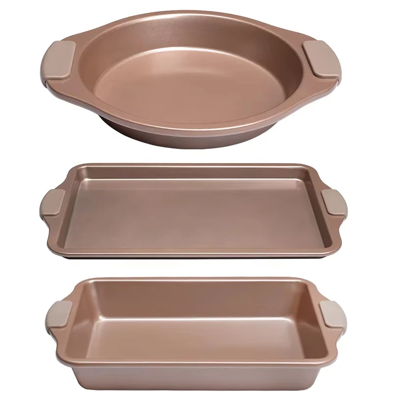 

Heavy Duty Carbon Steel Nonstick Bakeware Set, 3 Pcs Baking Pan Sets with Silicone Handles