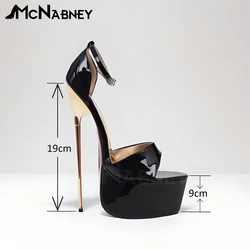 Extreme Gold Metallic Stiletto Sandals Platform Buckle Sexy High Heels Black Patent Leather Open Toe Summer High Heeled Sandals