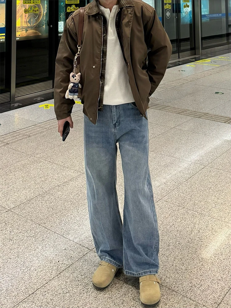 

Мужские осенне-зимние джинсы американского кроя с широкими штанинами и прямым силуэтом, с узором «бамбуковые узлы», повседневные брюки стандартного кроя для ежедневной носки