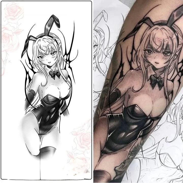 Dessin animé noir lapin fille jus de plantes tatouages temporaires Anime noir tatouage Art corporel imperméable longue durée faux tatouage autocollant