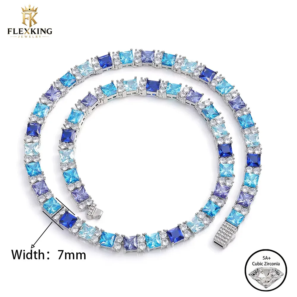 Hip Hop Iced Out Brass Cubic Zirconia Tennis Necklace 7MM Gradient Blue Square CZ Chain Fashion Party Jewelry Gift For Men Wome