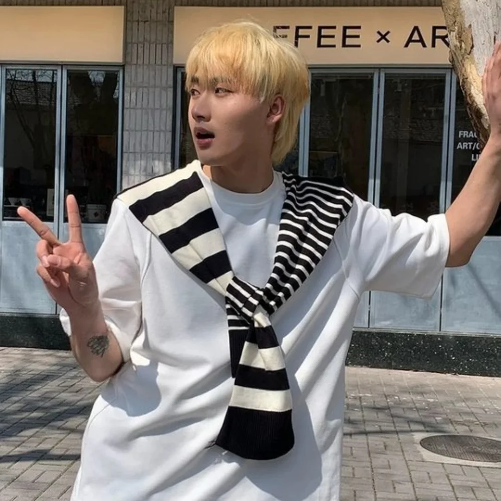 

Simple Sunscreen Men Knitted Shawl Wraps Cloak Asymmetry Stripe Scarf Korean Style Knotted Fake Collar Wraps Blouse