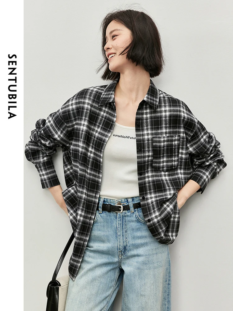 SENTUBILA Women Patchwork Loose Shirt   2024 Autumn Fashion Casual Turn Down Collar Long Sleeve  Blouse 143C56458