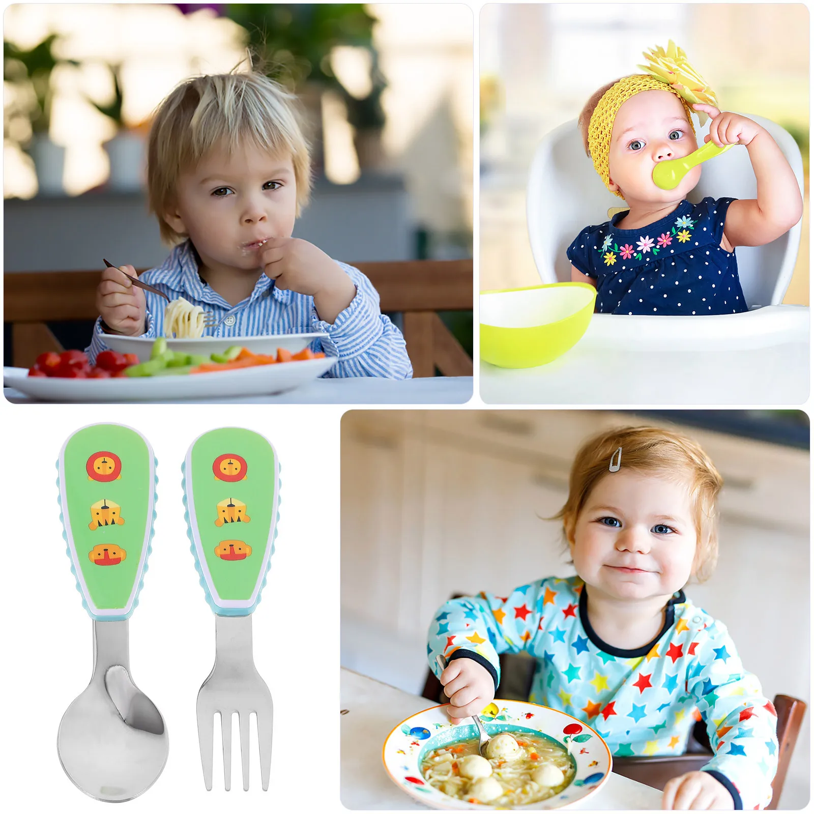 

1 комплект детской посуды, набор ложек и вилок из нержавеющей стали, короткая ручка, дизайн с изогнутой головкой, безопасный прочный посуда для кормления младенцев