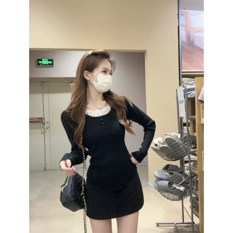 Кружевной сращенный женский осенне-зимний новый свитер с длинными рукавами, тонкая базовая рубашка, топ