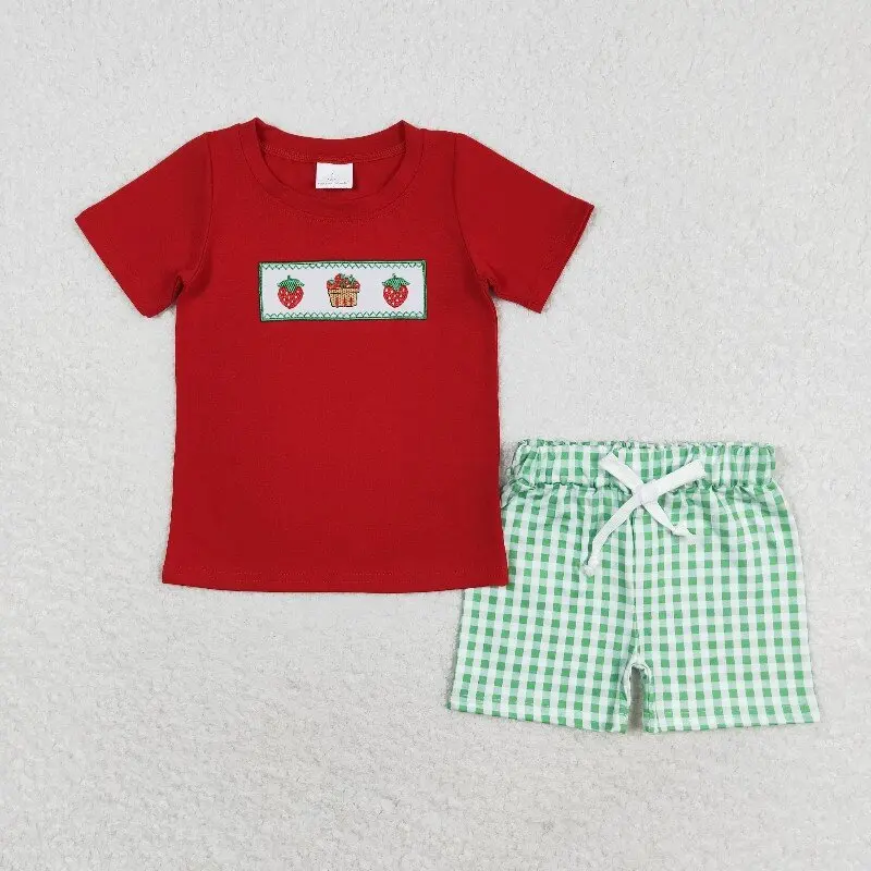 

New rts baby boy summer suit wholesale boutique embroidered strawberry red short sleeve green plaid shorts set