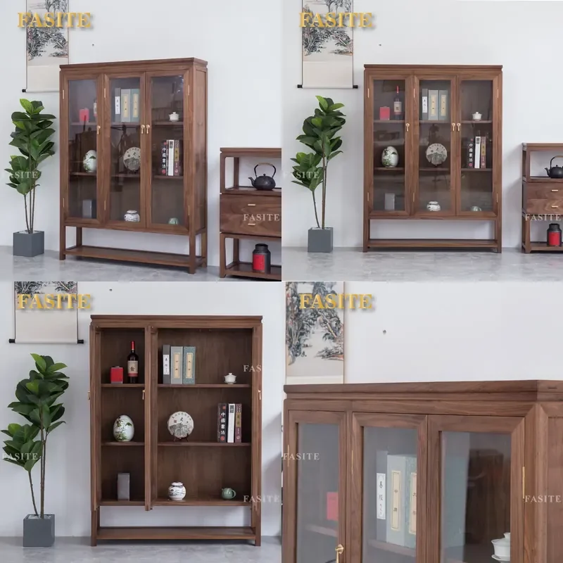 For New Chinese Style Glass Bookcase North American Black Walnut Locker Old Elm Bogu Shelf Dustproof Study Room Furniture