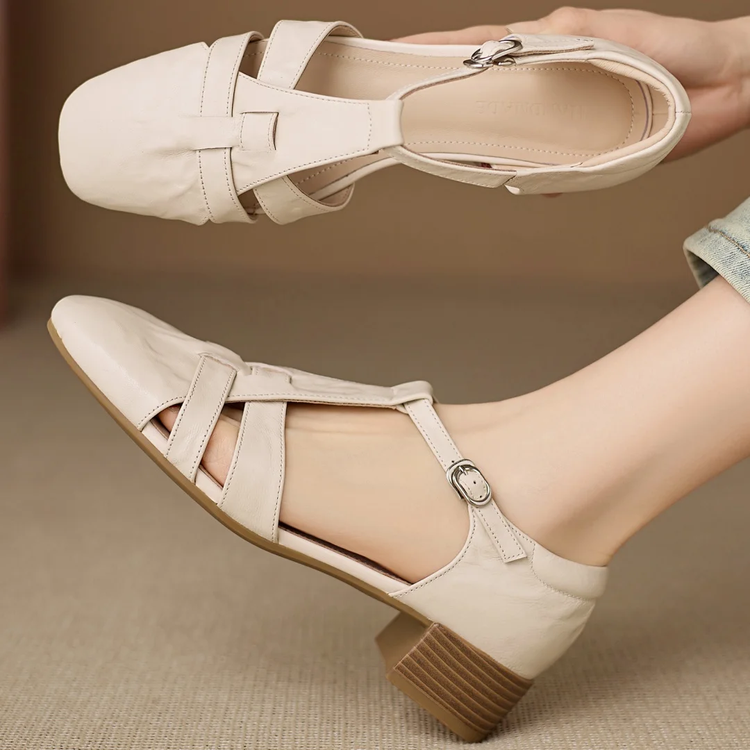 

danxuefei women's pleated sheepskin narrow band braided t-strap flats sandals 2026 summer new 3.cm thick med heel shoes woman