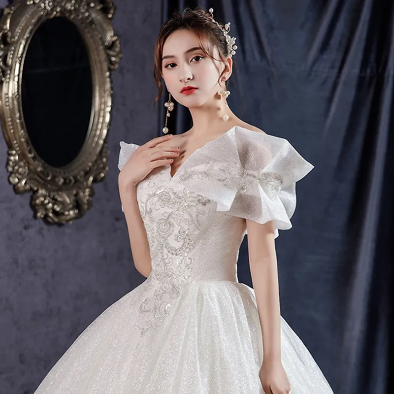 Customized Sparle Sleeves  Wedding Gowns For Bride Vestido De Noiva Princesa Robe Mariage Femme Woman Dress  Sukienka Na Wesele