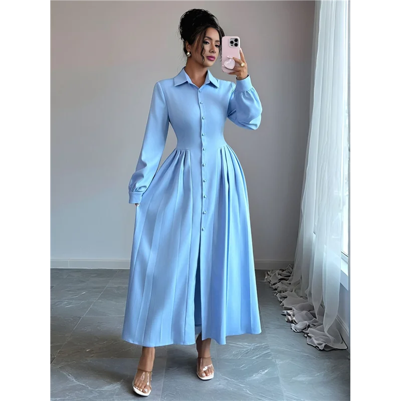 ABRT-فستان نسائي طويل الأكمام بأزرار سفلية فستان ماكسي سوينغ فستان عمل كوكتيل #5