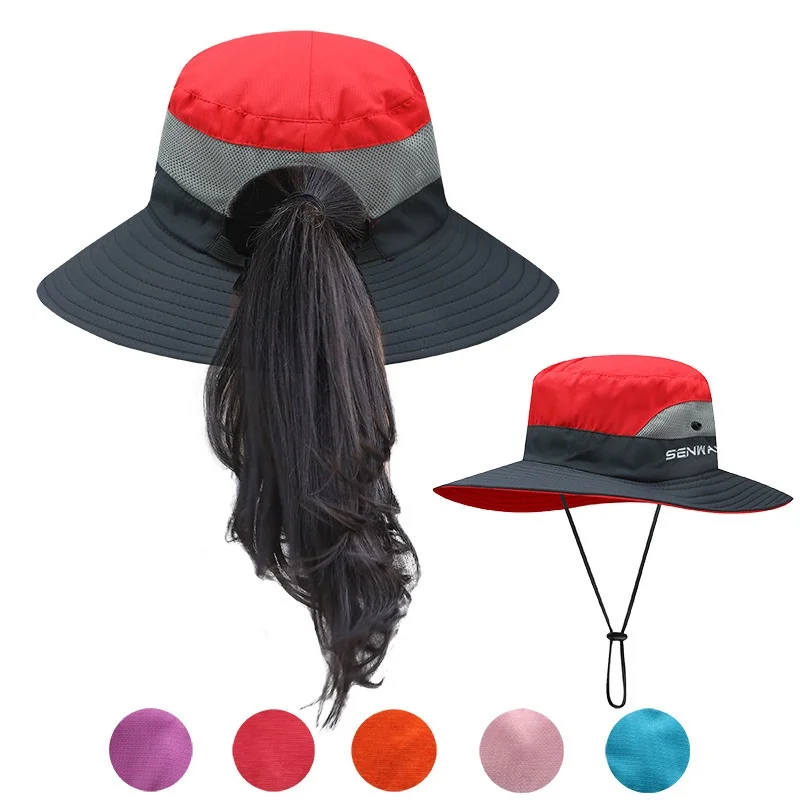 Women's Girls' Bucket Caps Outdoor UV Protection Foldable Sun Hats Mesh Wide Brim Beach Fishing Hat with Ponytail-Hole