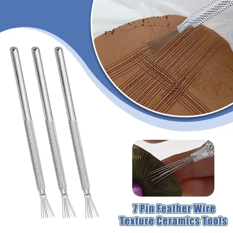 Ferramentas de cerâmica com textura de fio de pena, 7 pinos, argila de polímero, escultura, ferramenta de modelagem, escova de cerâmica diy, ferramentas de cerâmica, acessórios de bolo
