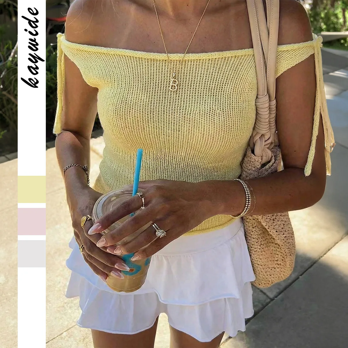 

2026 Summer New Hollow Off-the-shoulder Vest Knitted Bow Lace-up