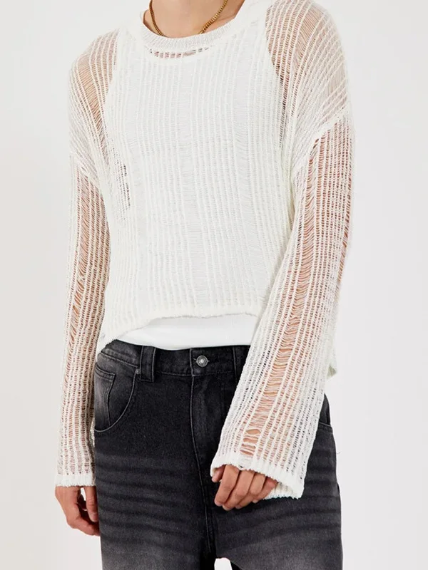 

Cross-Border New Hollow out Sexy Men's Casual Color Long Sve Elastic Loose Versatile Knitted Top round Ne Sweatirt