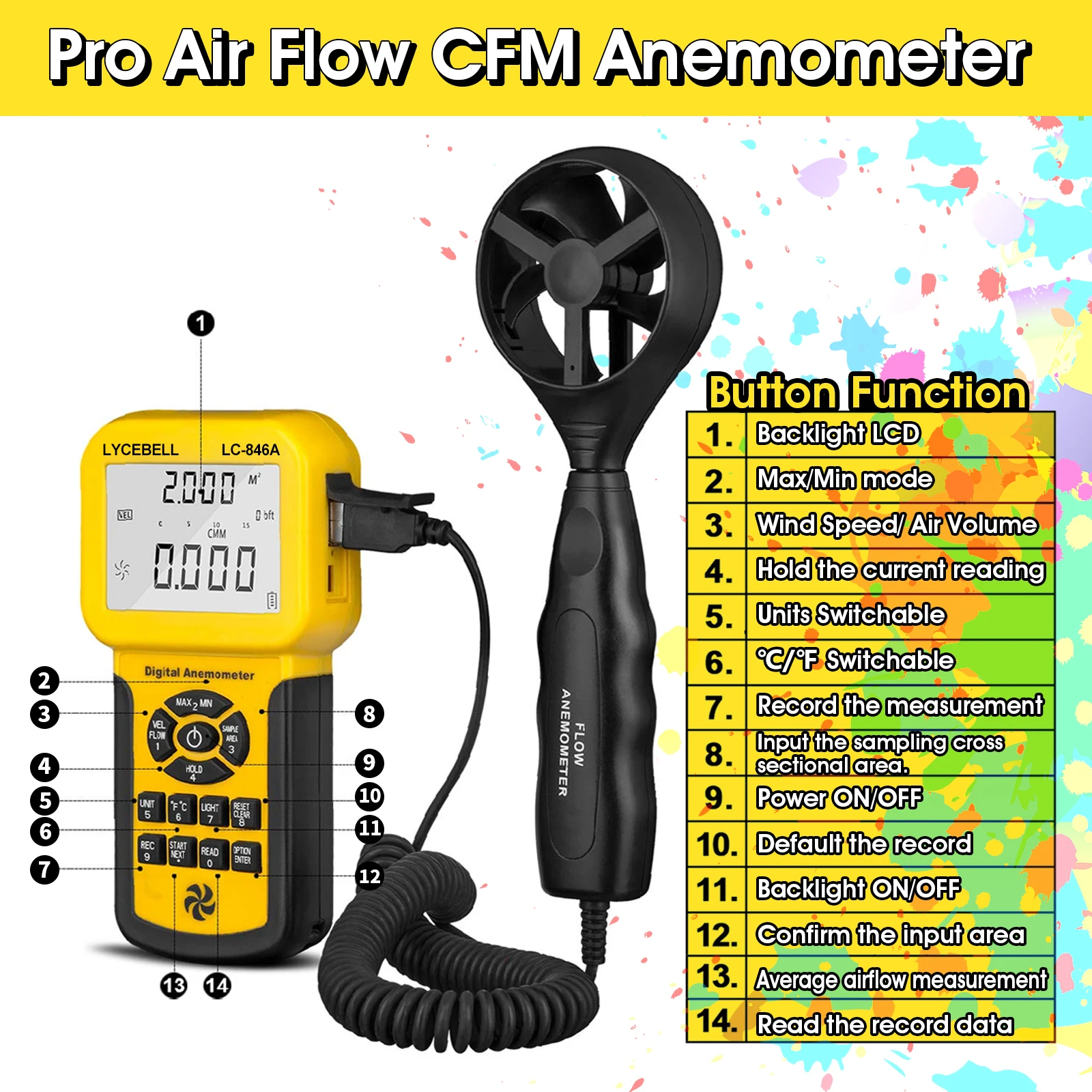 Extendable Sensor Digital HVAC Anemometer Wind Speed Meter with Data Storage 600 Records Max Min Avg CMM CFM for HVAC