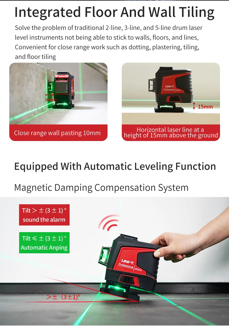 UNI-T LM575LD-e green Laser Level 3D 12-Line Wall stick instrument telecomando autolivellante strumento ausiliario per interni ed esterni